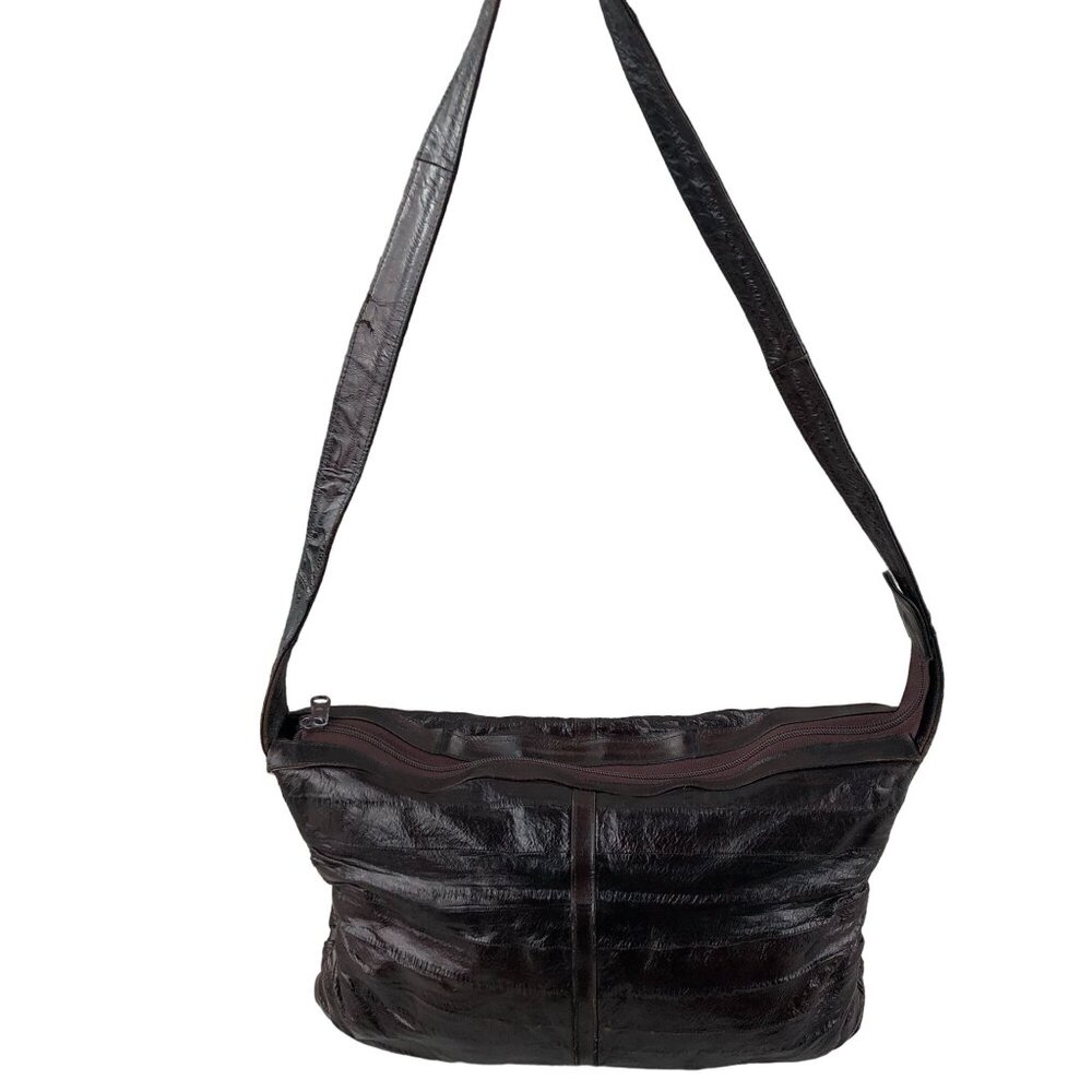 Vintage Genuine Eel Skin Crossbody Shoulder Bag Satchel Dark Brown